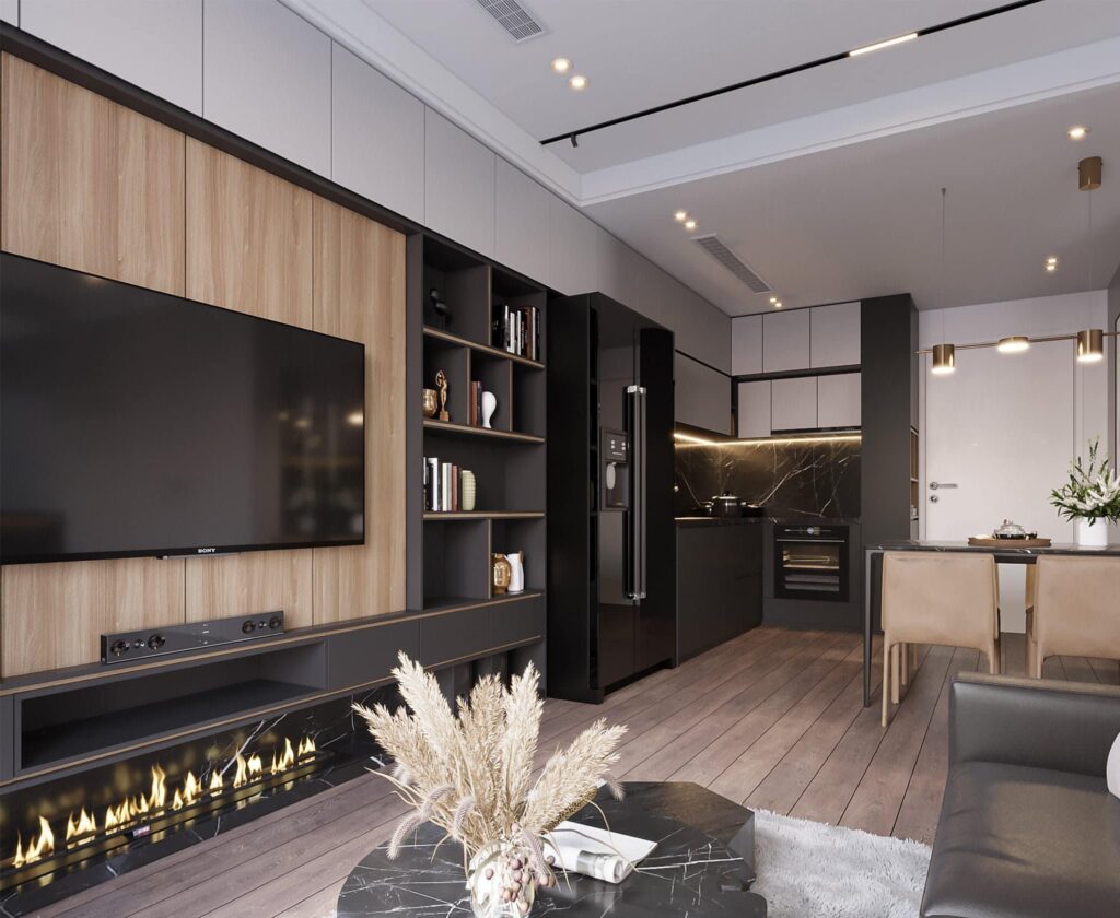 Mẫu nội thất chung cư hiện đại màu ghi đen sang trọng