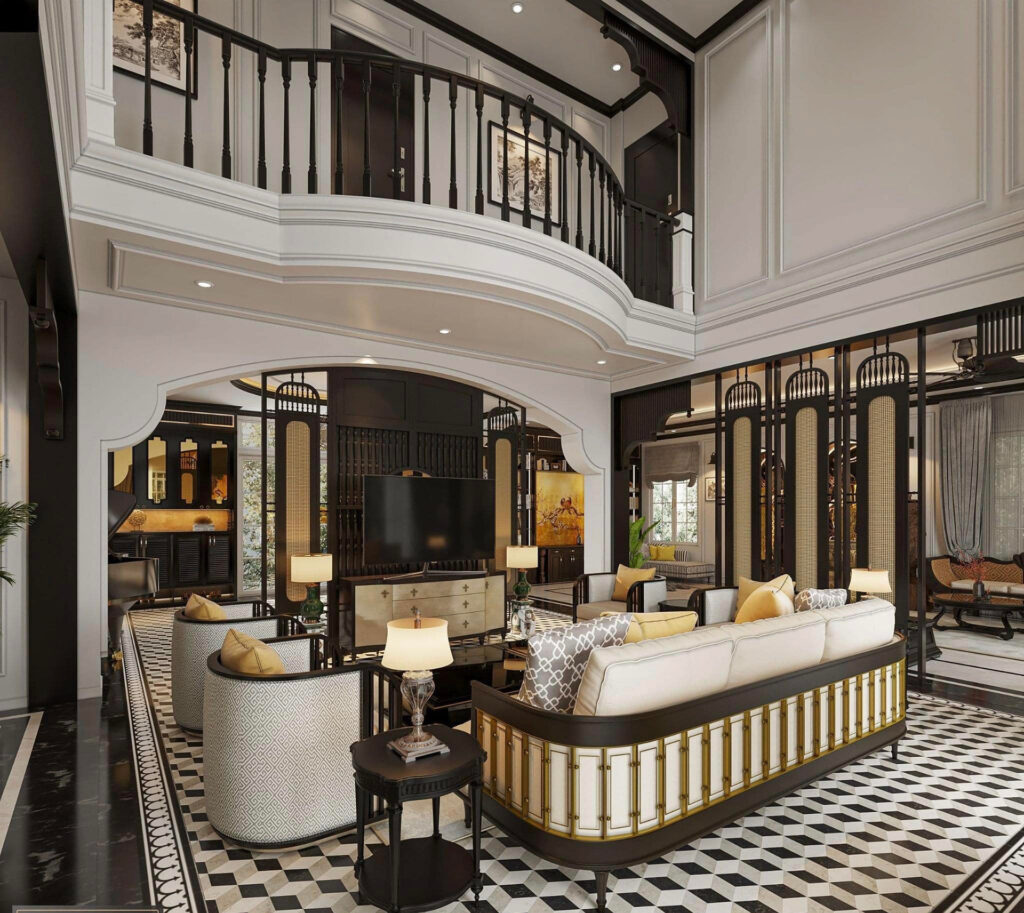 Thiết kế biệt thự phòng khách phong cách Indochine