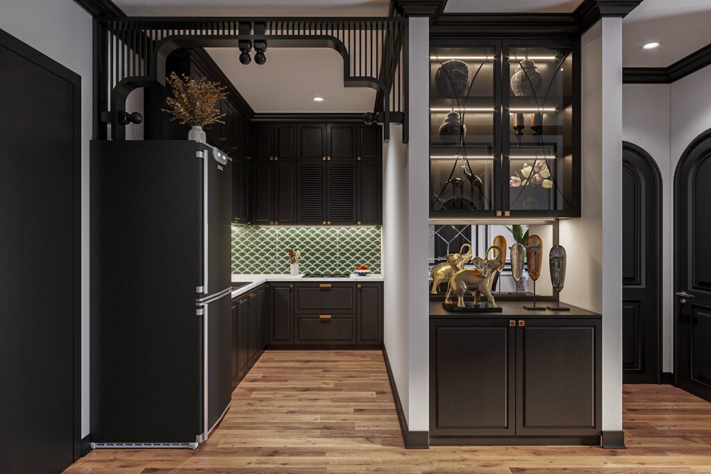 Mẫu thiết kế chung cư phong cách Đông Dương cho phòng bếp